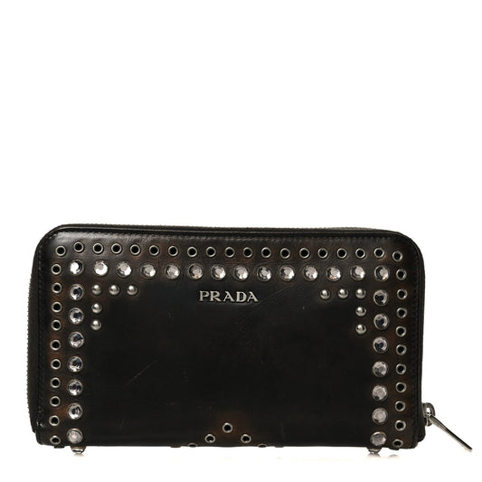 Prada Aged Calfskin Grommet Crystal Studded Zip Around Wallet Ebano