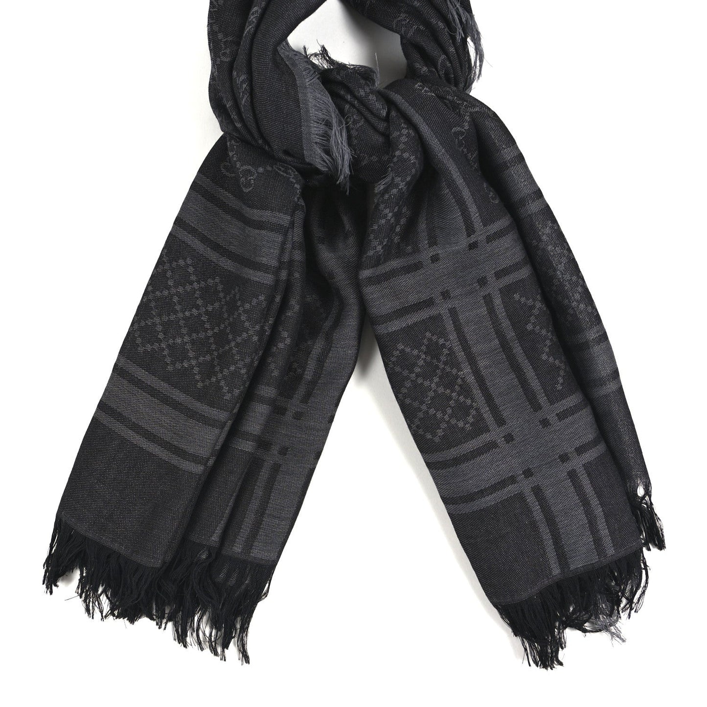 Gucci Wool Silk GG Monogram Diamante Plaid Surviee Shawl Graphite Black