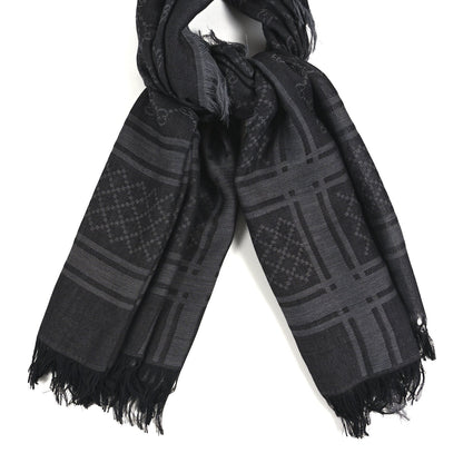 Gucci Wool Silk GG Monogram Diamante Plaid Surviee Shawl Graphite Black