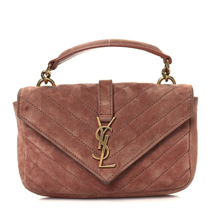 Saint Laurent Suede Matelasse Chevron Monogram Mini College Bag Barely Pink