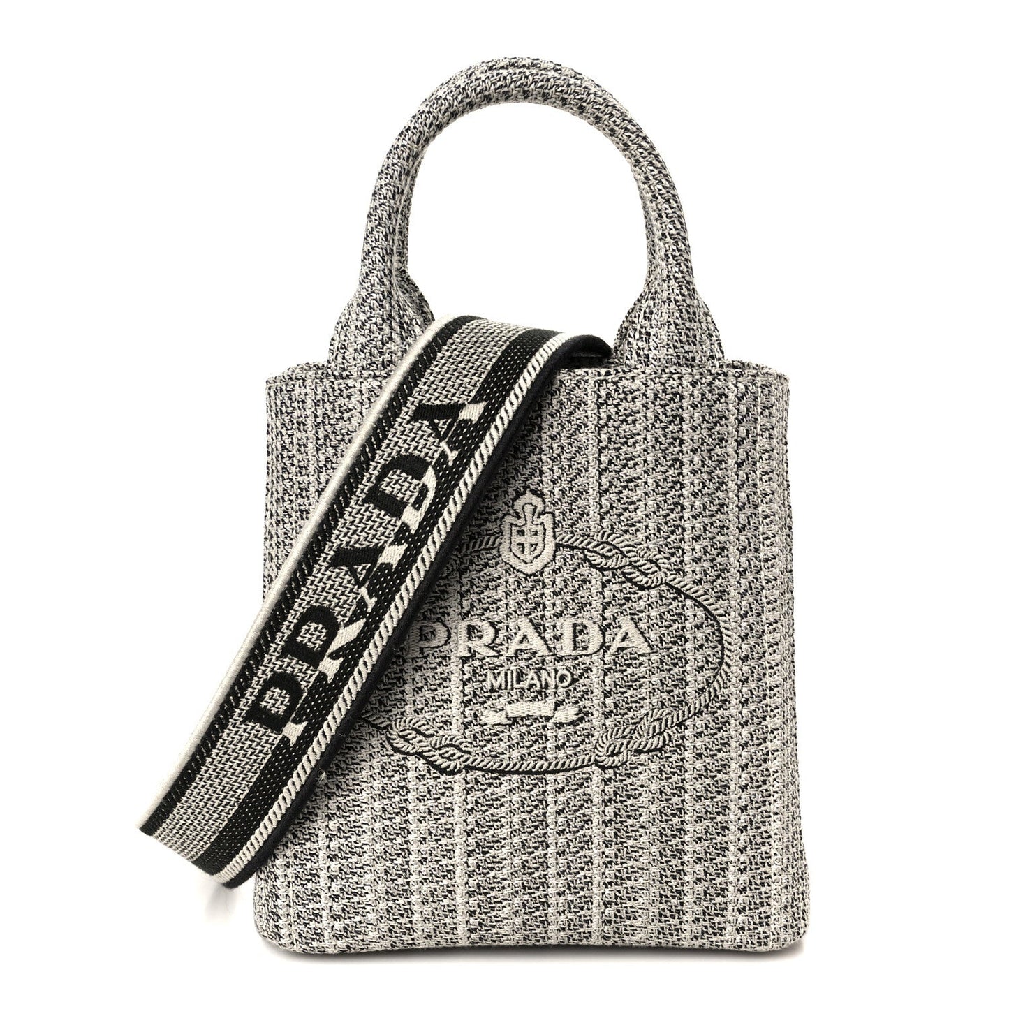 Prada Jacquard Logo Ricamo Embroidered Small Tote Black Talco