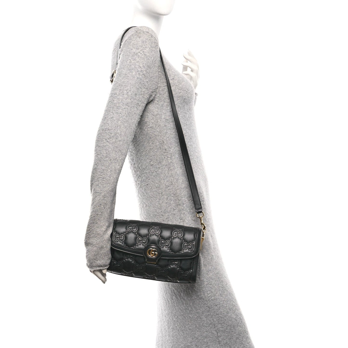 Gucci Calfskin GG Matelasse Small Flap Shoulder Bag Black Natural