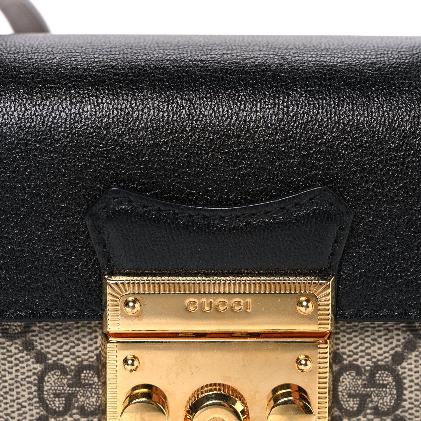 Gucci GG Supreme Monogram Calfskin Mini Padlock Top Handle Shoulder Bag Beige Black Cuir