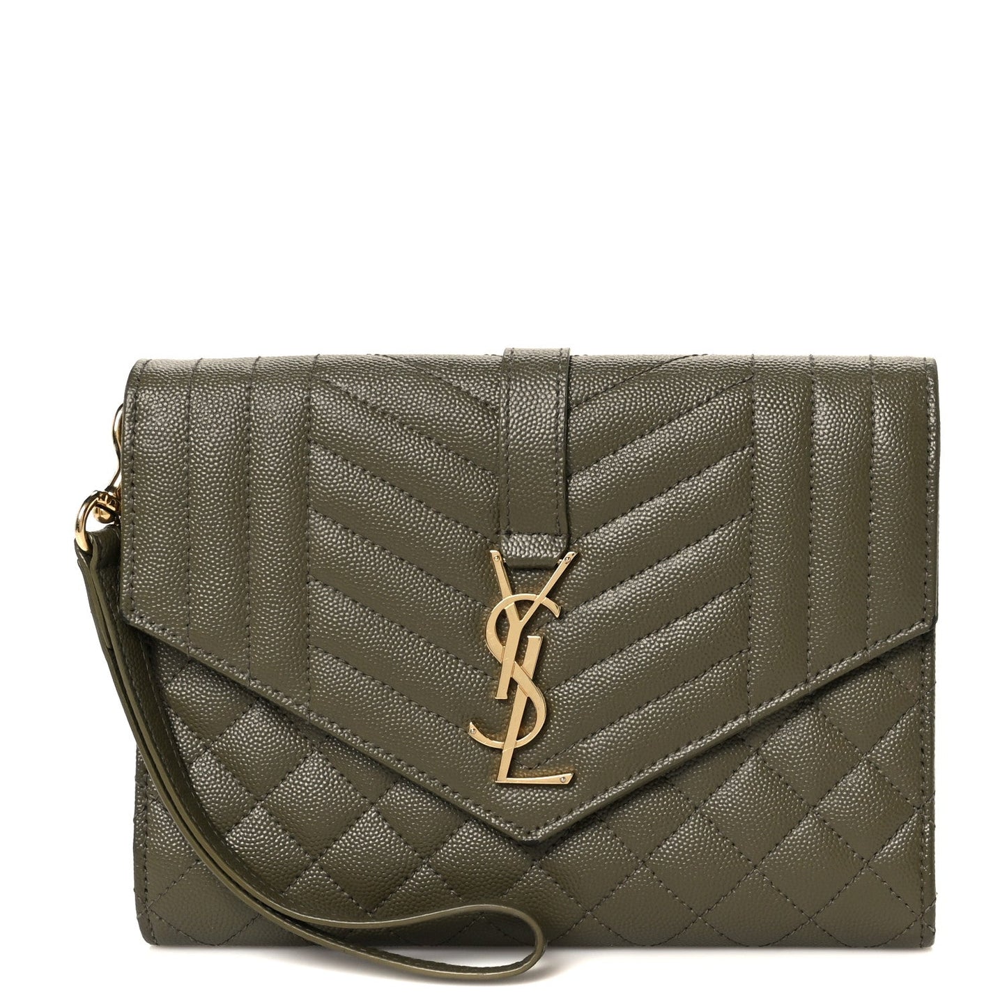 Saint Laurent Grain De Poudre Textured Mixed Matelasse Triquilt Monogram Clutch Vert Kaki