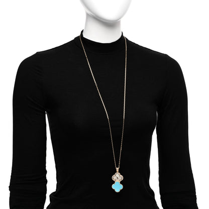 Van Cleef & Arpels 18K Yellow Gold Diamond Turquoise Mother of Pearl 28mm Alhambra Secret Pendant Quartz Watch
