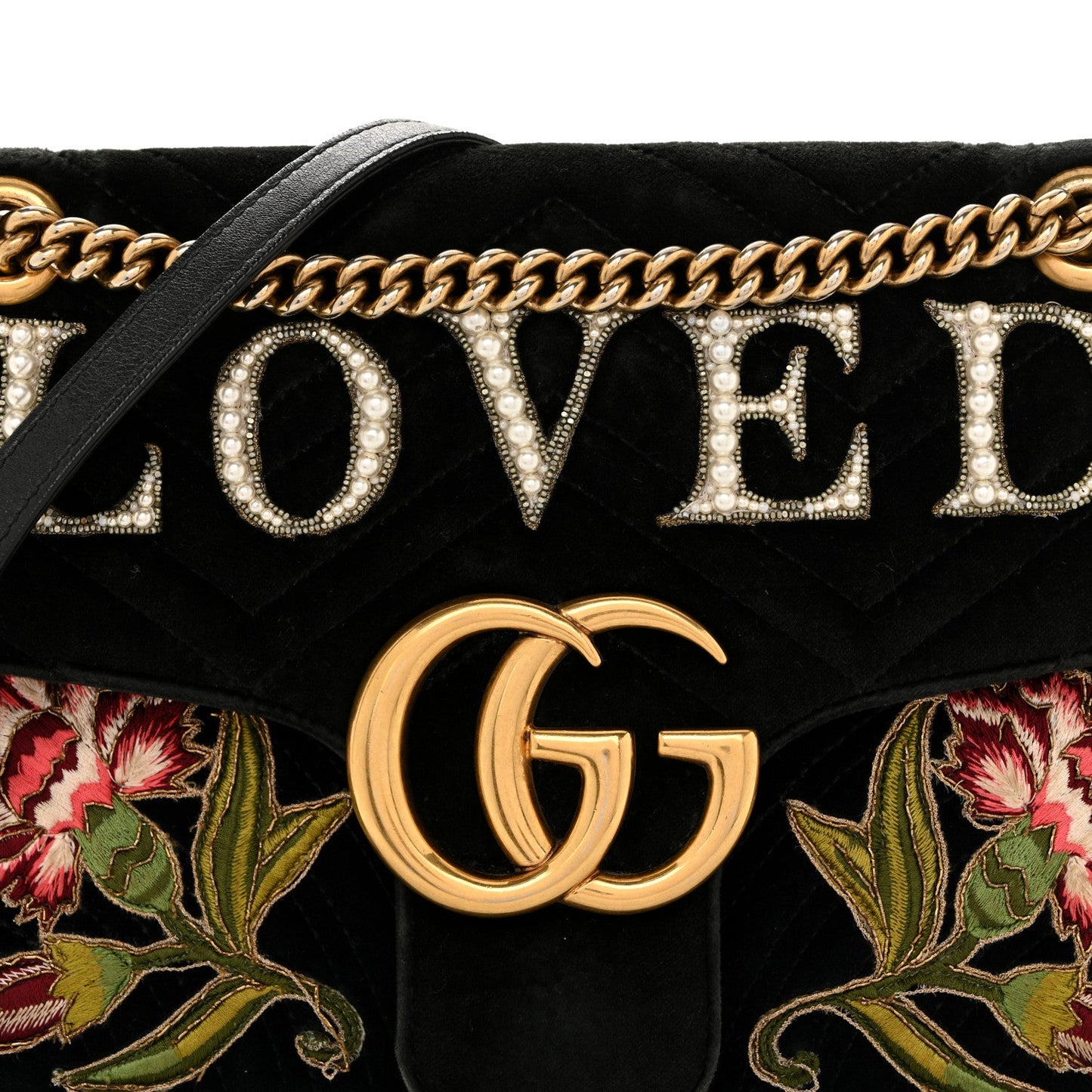 Gucci Velvet Matelasse Loved Embroidered Medium GG Marmont Shoulder Bag Black