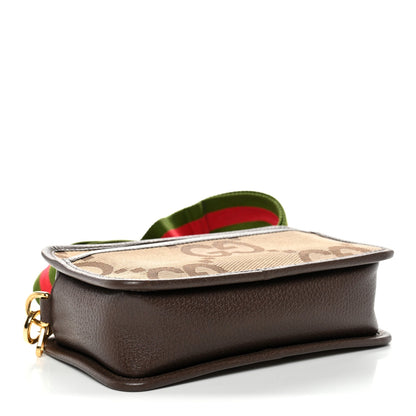 Gucci Monogram Jumbo GG Textured Dollar Calfskin Web Mini Crossbody Bag Camel Ebony New Acero
