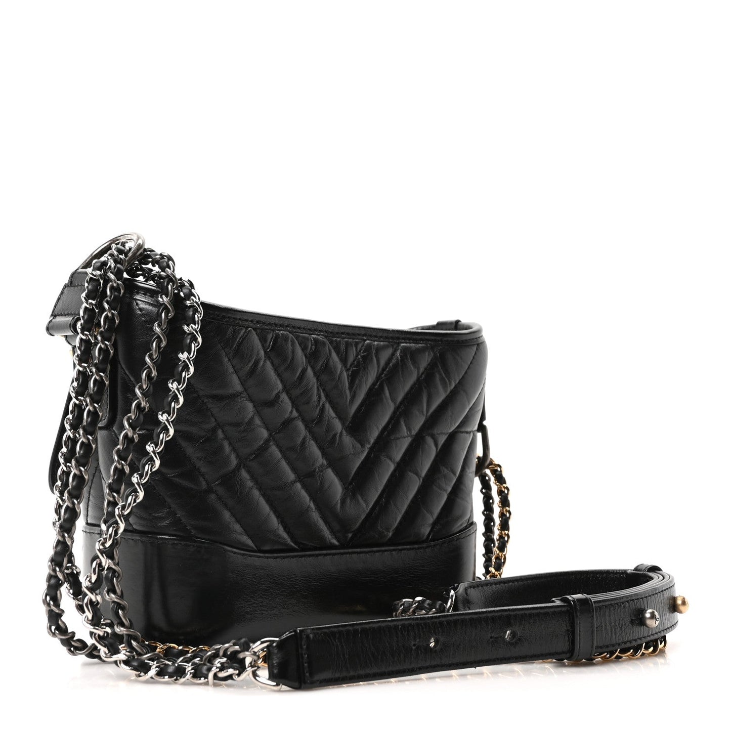 Chanel Aged Calfskin Chevron Quilted Small Gabrielle Hobo Black