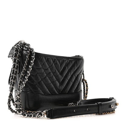 Chanel Aged Calfskin Chevron Quilted Small Gabrielle Hobo Black