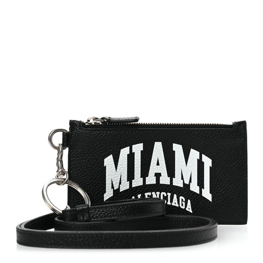 Balenciaga Grained Calfskin Miami Logo Cash Coin Card Holder On Keychain Black