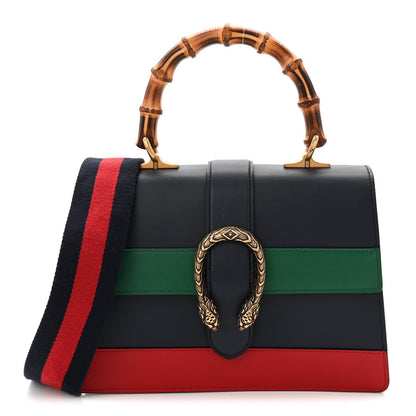 Gucci Moon Calfskin Web Medium Dionysus Bamboo Top Handle Bag Black Bright Evergreen Hibiscus Red