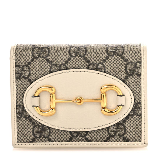 Gucci GG Supreme Monogram Azalea Calfskin Horsebit 1955 Card Case Wallet Beige Ebony Mystic White