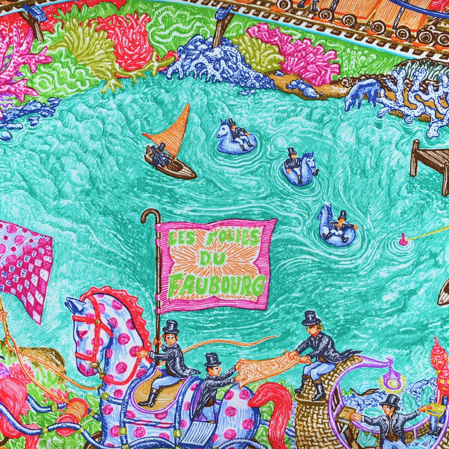 Hermes Silk Les Folies Du Faubourg Scarf 90 Fuchsia Vert Multicolor