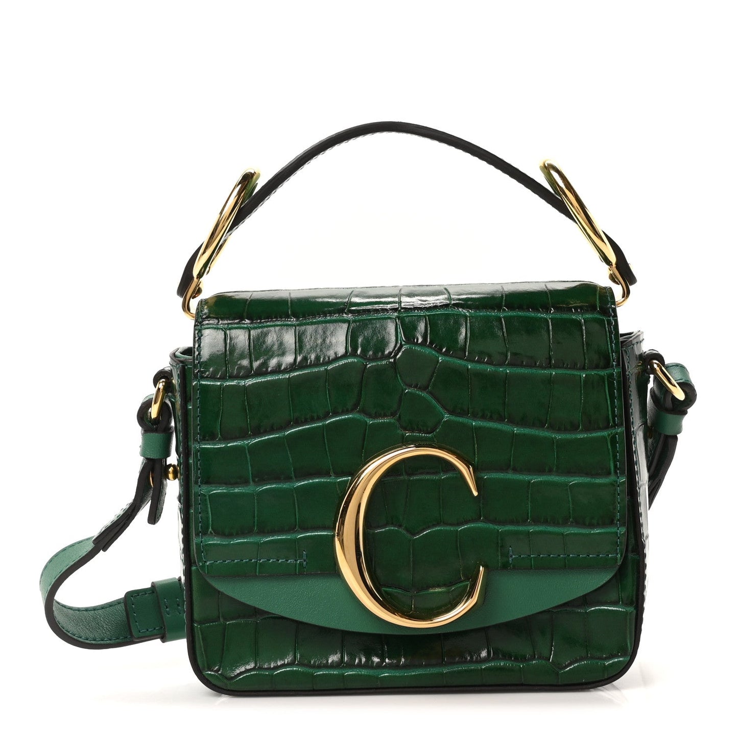 Chloe Calfskin Crocodile Embossed Mini C Double Carry Woodsy Green
