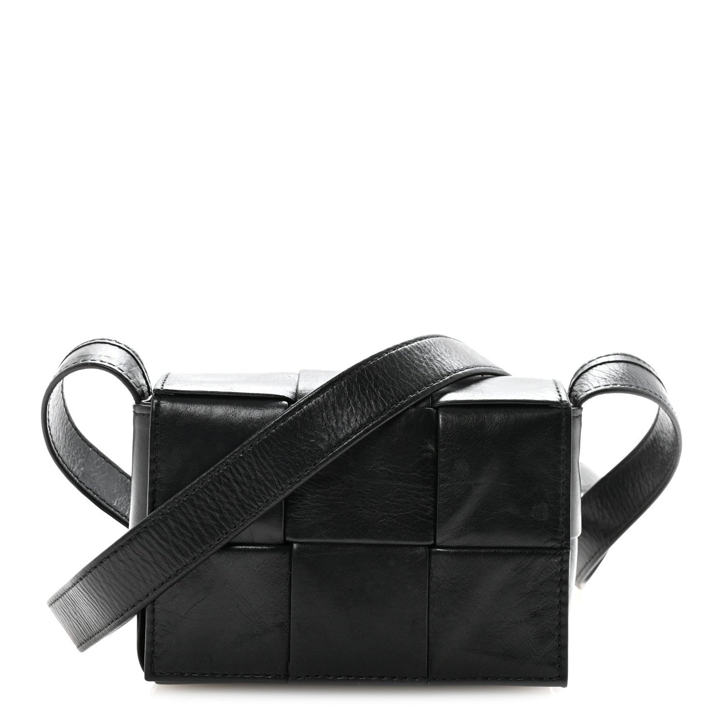 Bottega Veneta Crinkled Lambskin Maxi Intrecciato Extra Mini Cassette Crossbody Bag Black