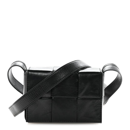 Bottega Veneta Crinkled Lambskin Maxi Intrecciato Extra Mini Cassette Crossbody Bag Black