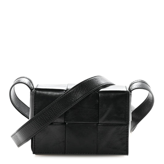Bottega Veneta Crinkled Lambskin Maxi Intrecciato Extra Mini Cassette Crossbody Bag Black