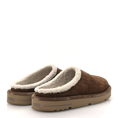 Fendi Suede Shearling FF Embossed Mens Sabot Mules 39 Brown