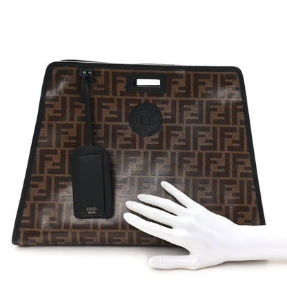 Fendi Glazed Fabric Vitello Century FF 1974 Stamp Patch Medium Peekaboo Defender Cover Mogano Panna Black