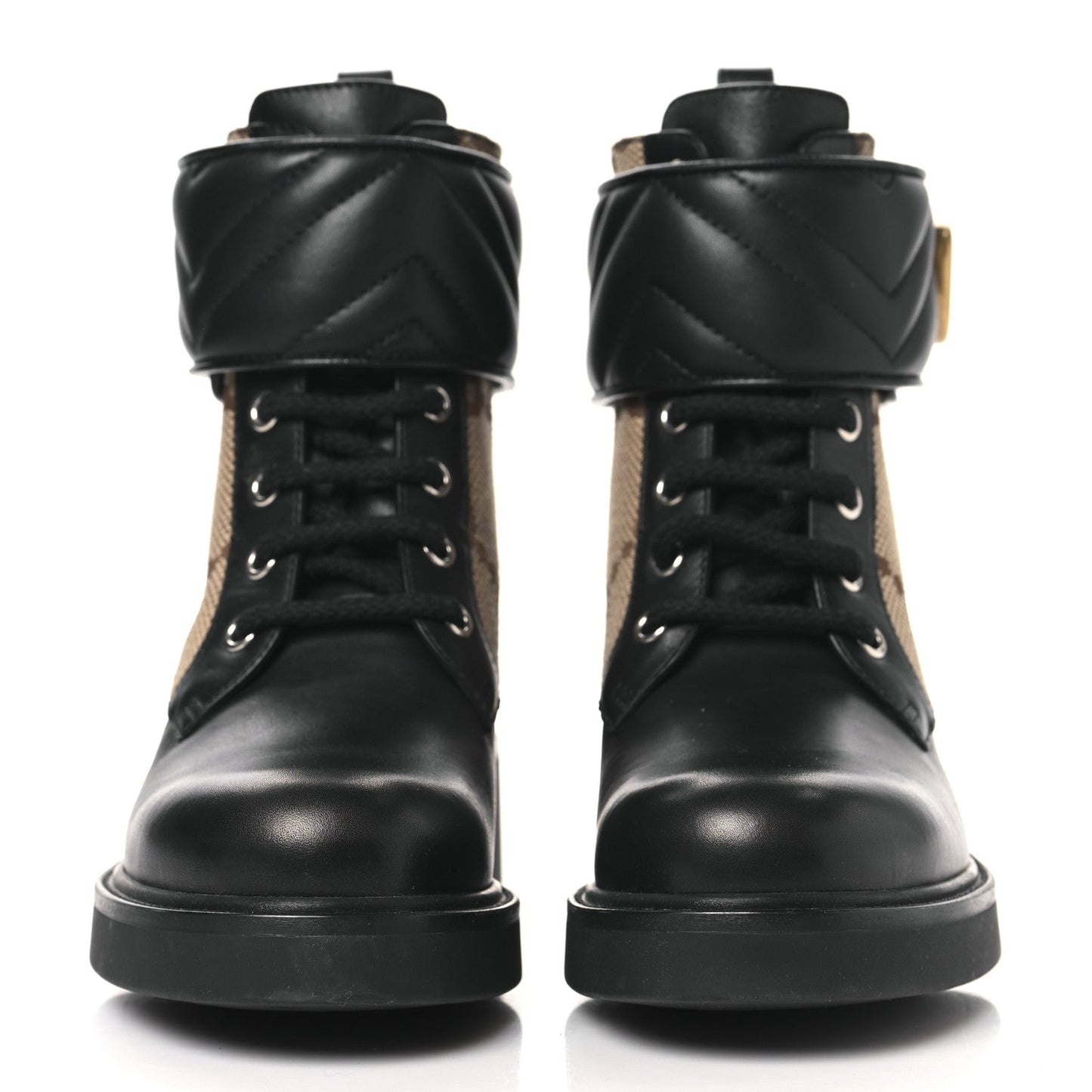 Gucci Flores Calfskin Monogram Maxi GG Nappa Matelasse Double G 40mm Ankle Boots 35.5 Black Camel Ebony