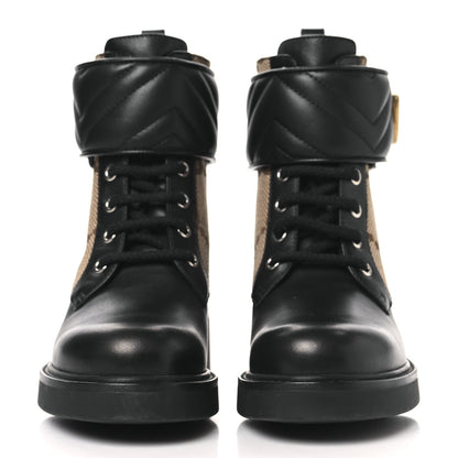 Gucci Flores Calfskin Monogram Maxi GG Nappa Matelasse Double G 40mm Ankle Boots 35.5 Black Camel Ebony