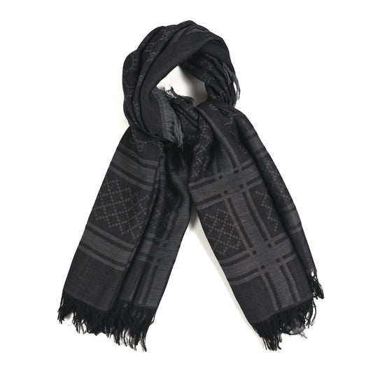 Gucci Wool Silk GG Monogram Diamante Plaid Surviee Shawl Graphite Black