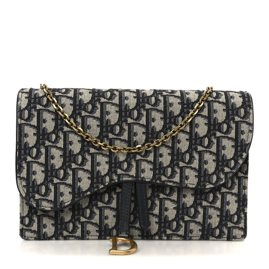 Christian Dior Oblique Saddle Chain Pouch Blue