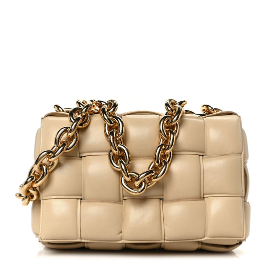 Bottega Veneta Lambskin Maxi Intreccio Padded Chain Cassette Crossbody Bag Porridge