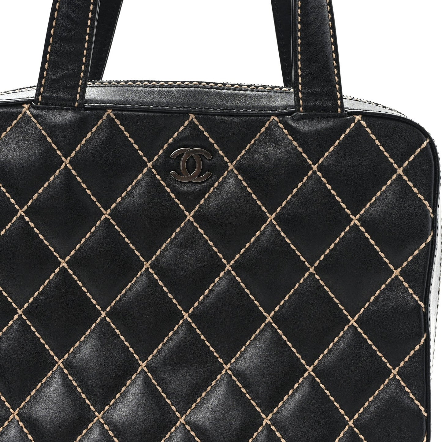 Chanel Calfskin Wild Stitch Vertical Top Handle Bag Black