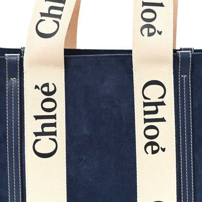Chloe Suede Calfskin Medium Woody Ribbon Tote Navy
