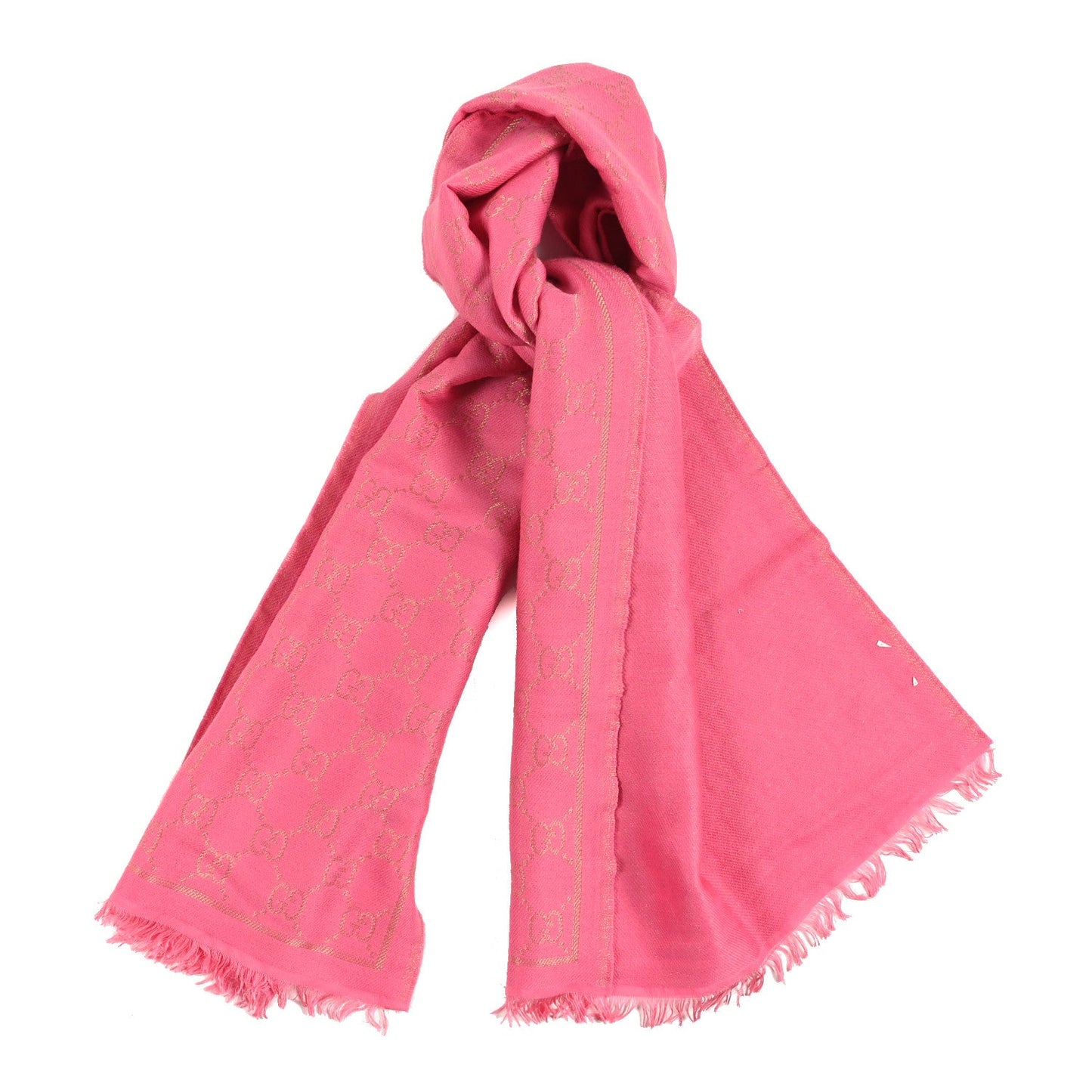 Gucci Wool Silk Lurex GG Monogram Bright G Fringe Scarf Fuxia