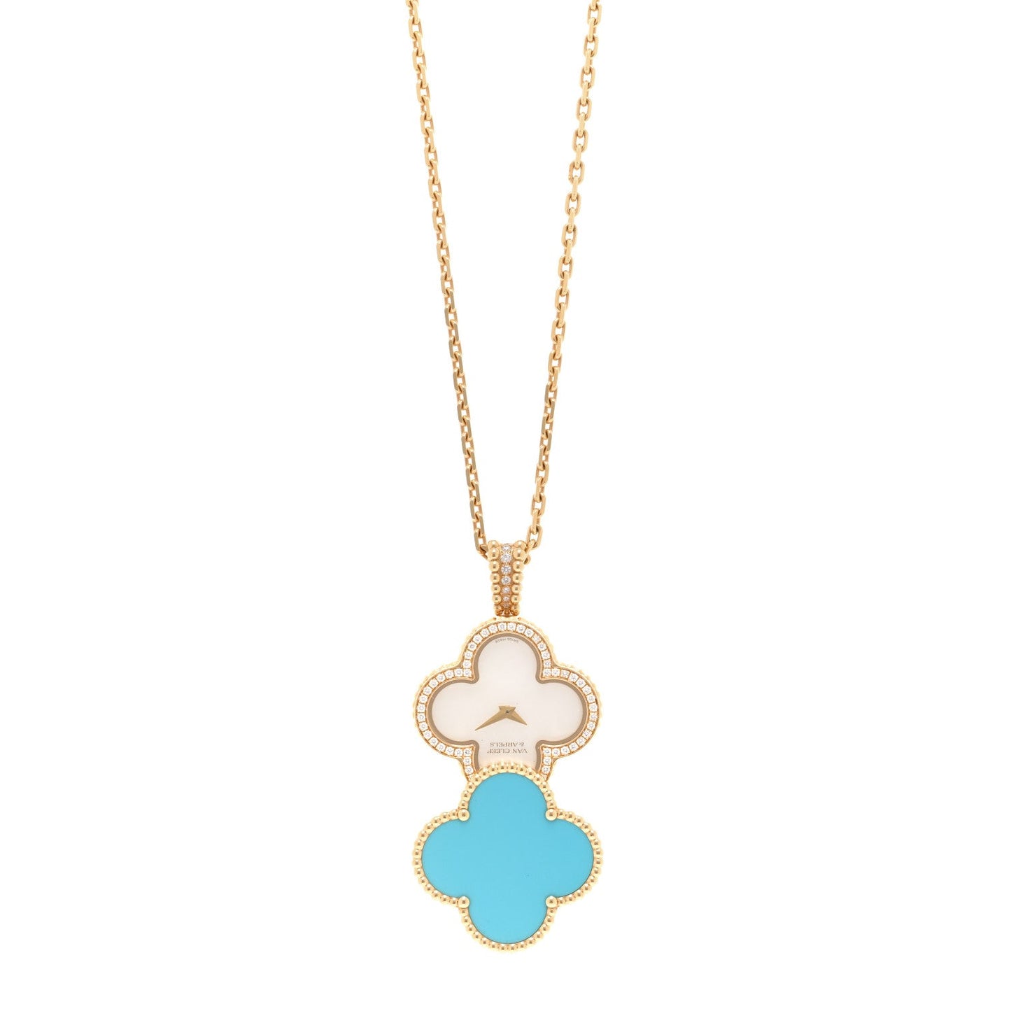 Van Cleef & Arpels 18K Yellow Gold Diamond Turquoise Mother of Pearl 28mm Alhambra Secret Pendant Quartz Watch