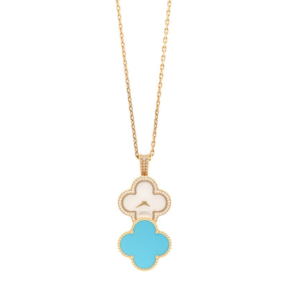 Van Cleef & Arpels 18K Yellow Gold Diamond Turquoise Mother of Pearl 28mm Alhambra Secret Pendant Quartz Watch
