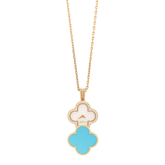 Van Cleef & Arpels 18K Yellow Gold Diamond Turquoise Mother of Pearl 28mm Alhambra Secret Pendant Quartz Watch