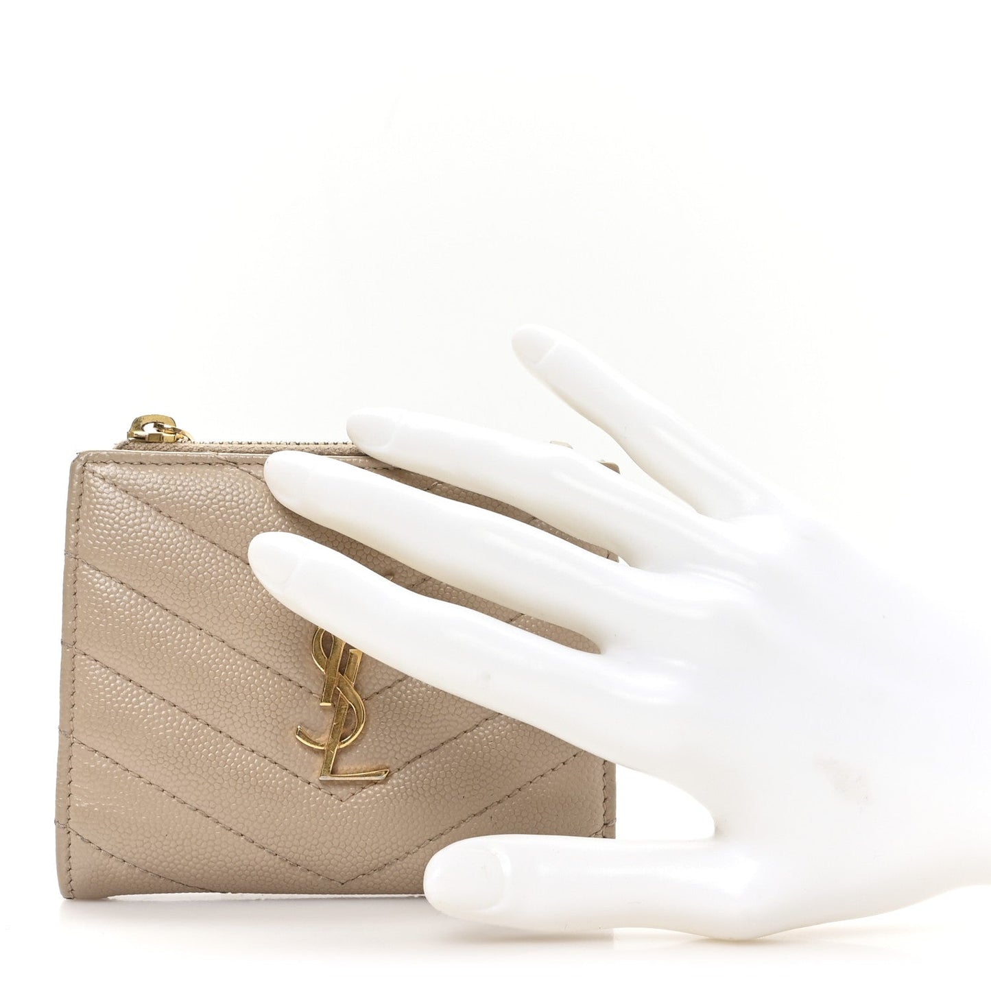 Saint Laurent Grain De Poudre Matelasse Chevron Monogram Zipped Card Case Dark Beige