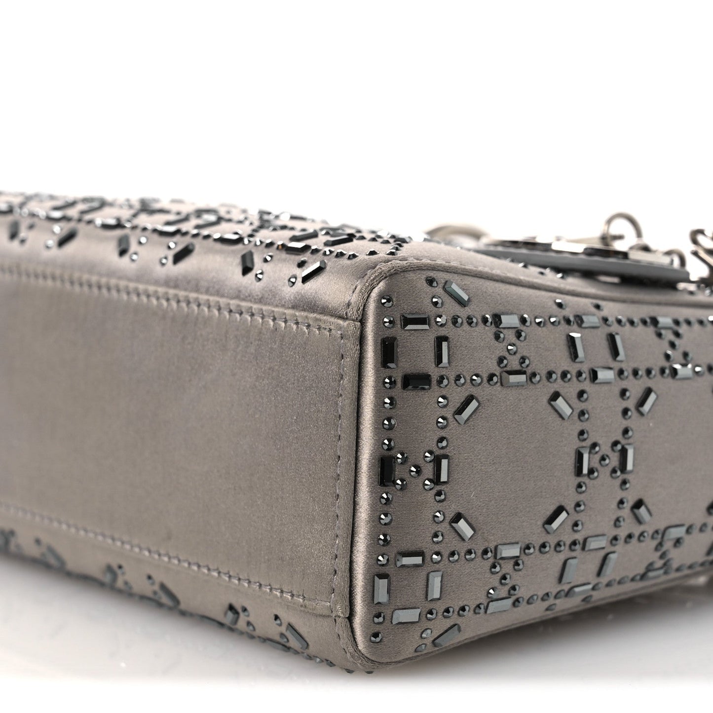 Christian Dior Satin Crystal Cannage Mini Lady Dior Gray