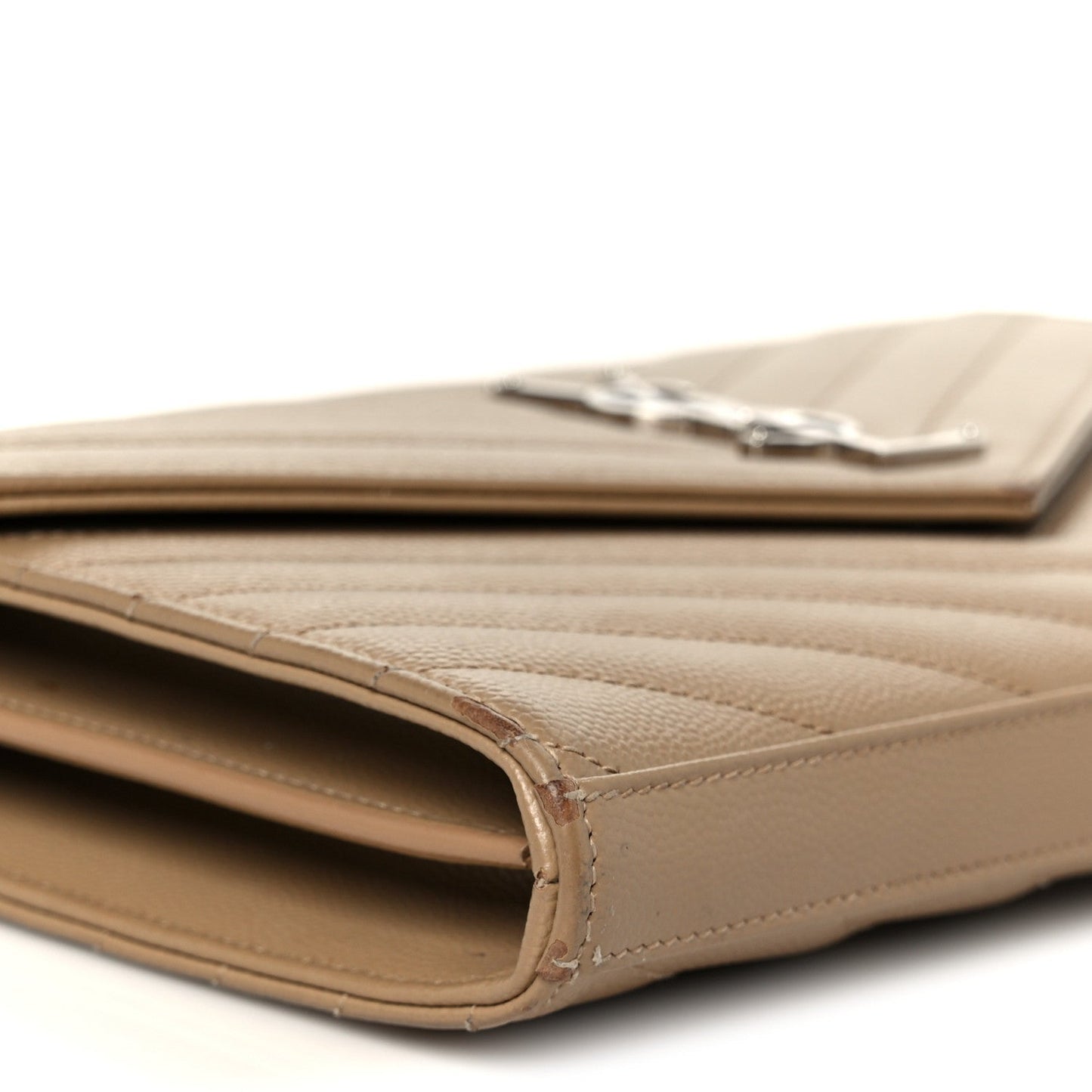 Saint Laurent Grain De Poudre Matelasse Chevron Monogram Chain Wallet Taupe