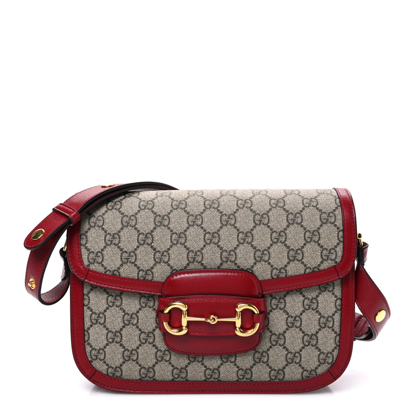 Gucci GG Supreme Monogram Azalea Calfskin Horsebit 1955 Shoulder Bag Beige Ebony New Cherry Red