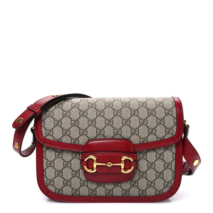 Gucci GG Supreme Monogram Azalea Calfskin Horsebit 1955 Shoulder Bag Beige Ebony New Cherry Red