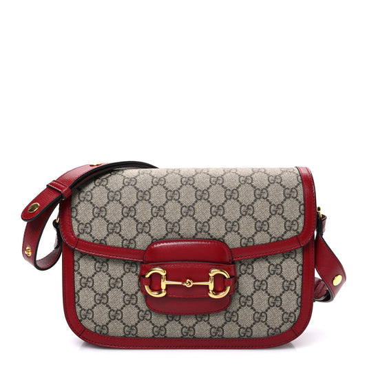 Gucci GG Supreme Monogram Azalea Calfskin Horsebit 1955 Shoulder Bag Beige Ebony New Cherry Red