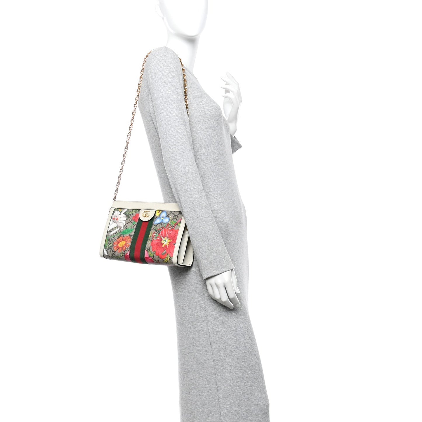 Gucci GG Supreme Monogram Flora Web Small Ophidia Chain Shoulder Bag White