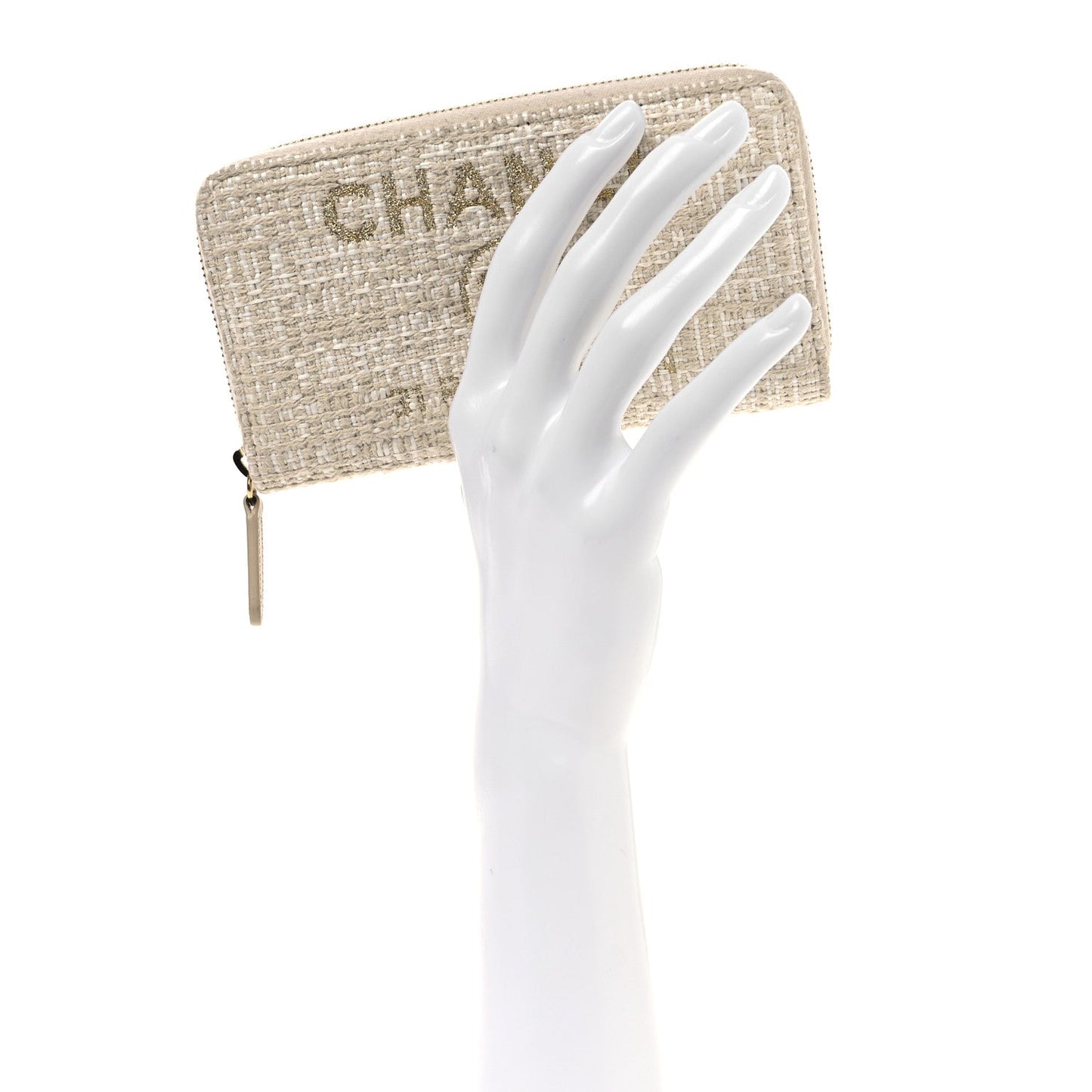 Chanel Lurex Canvas Deauville Medium Zip Around Wallet Beige