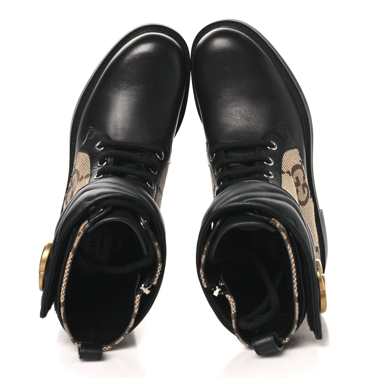 Gucci Flores Calfskin Monogram Maxi GG Nappa Matelasse Double G 40mm Ankle Boots 35.5 Black Camel Ebony