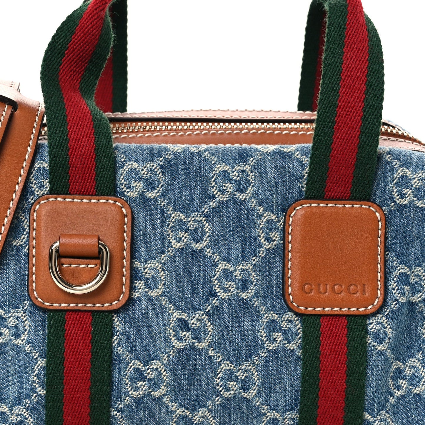 Gucci GG Denim Calfskin Web Mini GG Top Handle Bag Light Blue White