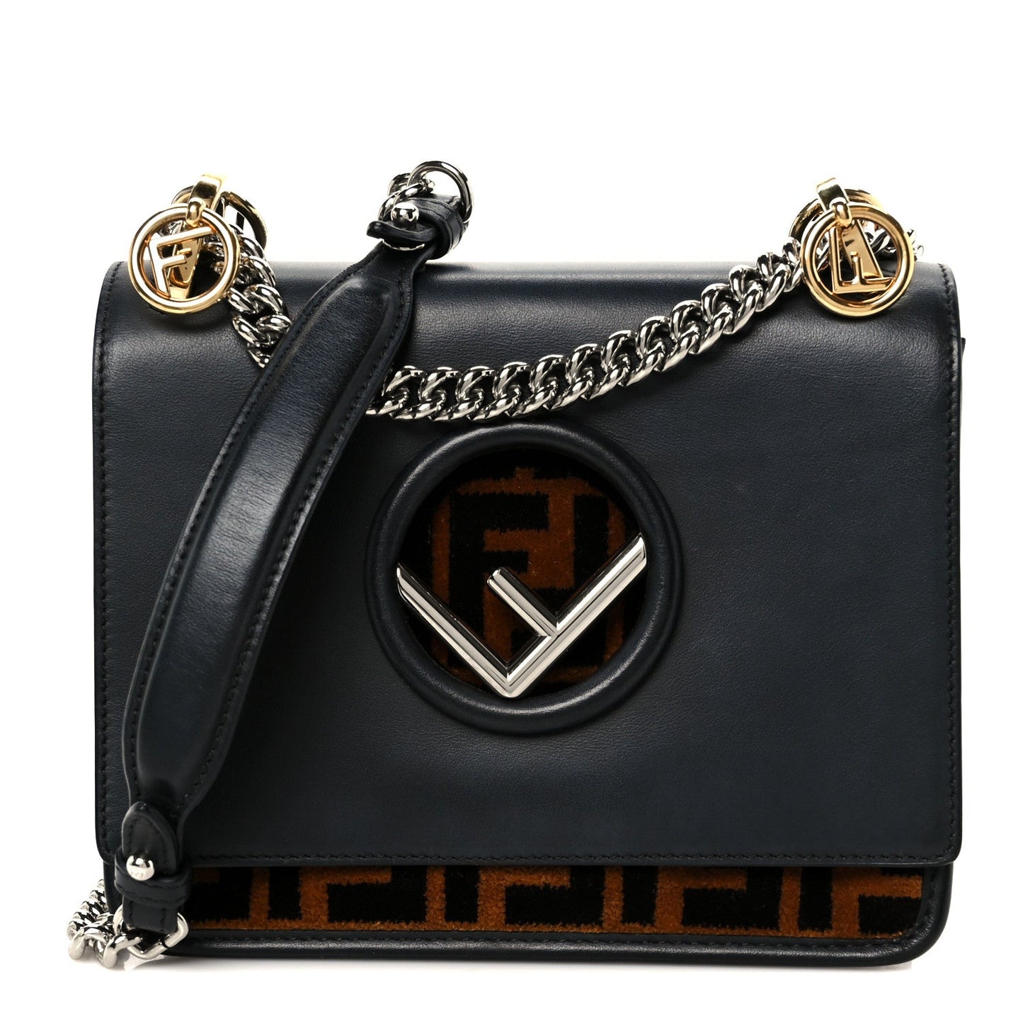 Fendi Vitello Century Velvet F is Fendi FF Small Kan I Shoulder Bag Black Tobacco