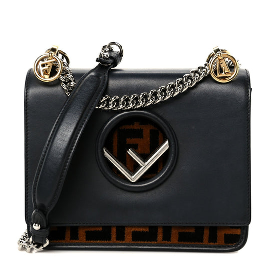 Fendi Vitello Century Velvet F is Fendi FF Small Kan I Shoulder Bag Black Tobacco