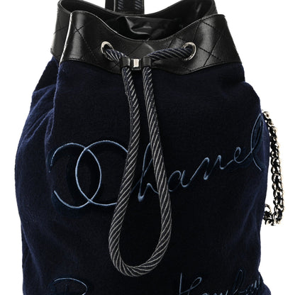 Chanel Wool Calfskin Embroidered Paris Hamburg Drawstring Backpack Navy Blue