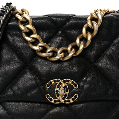 Chanel Shiny Goatskin Quilted Large Chanel 19 Flap Black