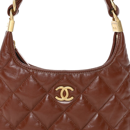 Chanel Shiny Crumpled Lambskin Quilted Small CC Funky Town Hobo Brown