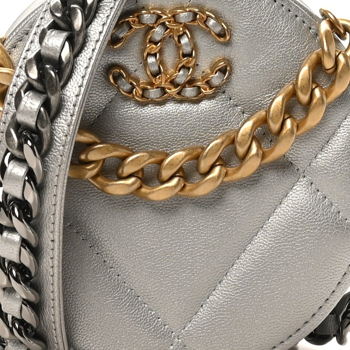 Chanel Metallic Lambskin Quilted Chanel 19 Round Clutch With Chain Silver
